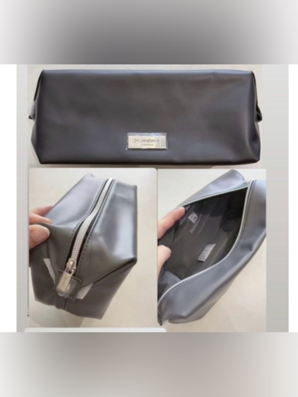 Saint Laurent Gray Leather Toiletry Pouch with Silver Hardware